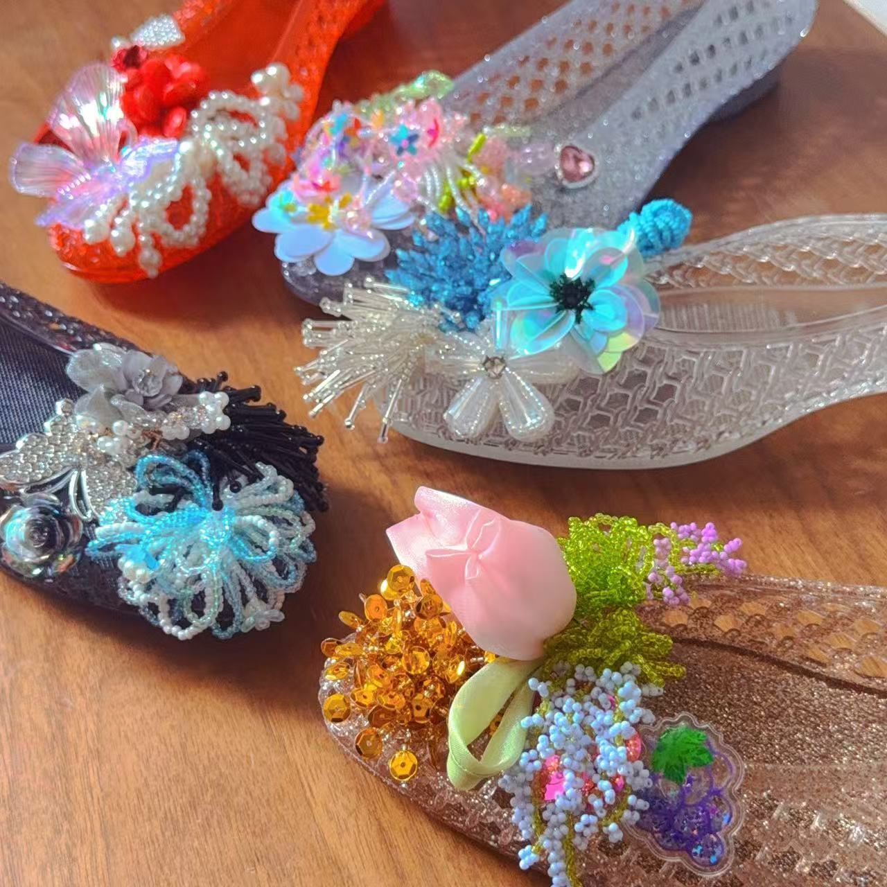 Handmade Beaded Floral Decor Hollow Jelly Flat Shoes K26061701