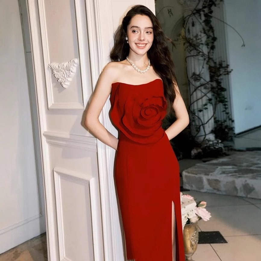 New Elegant Rose Red women Dresses Party Dress K25121001