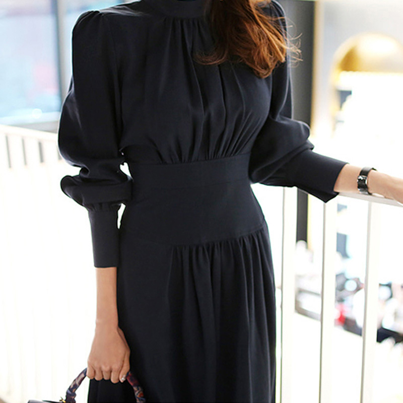 New Elegant stand-up collar lantern sleeve high-waisted slim-fit dress K25121106