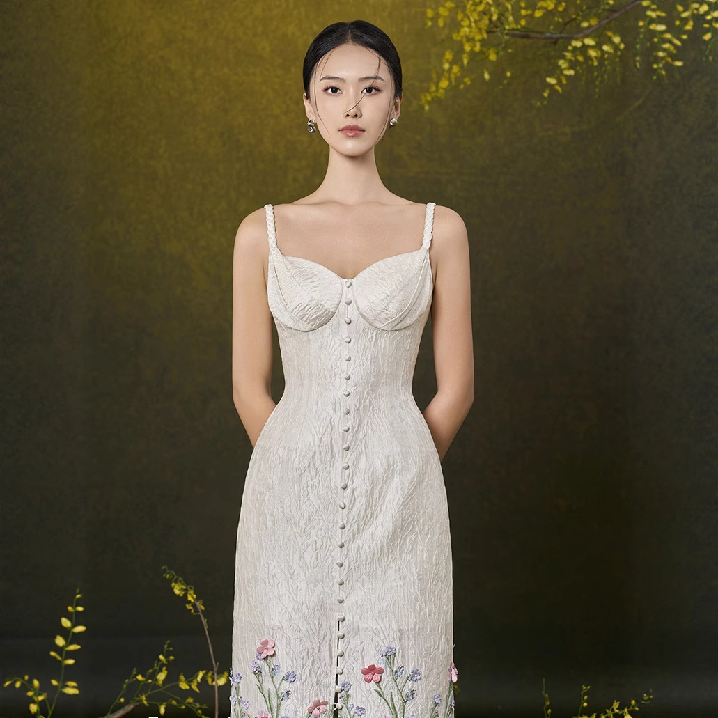 New Mori Girl Style Floral Print White Sling Dress K121708