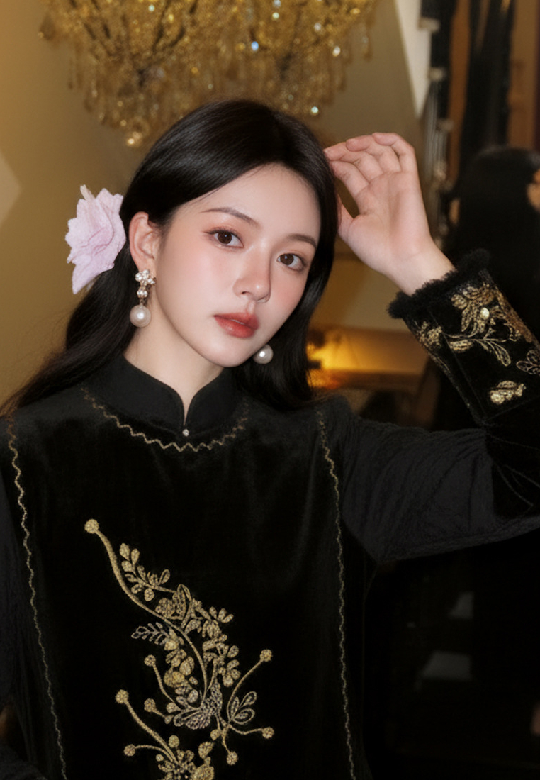 High-End Bead-Embroidered Velvet Designed Vest & Midi Skirt CA20251215BK