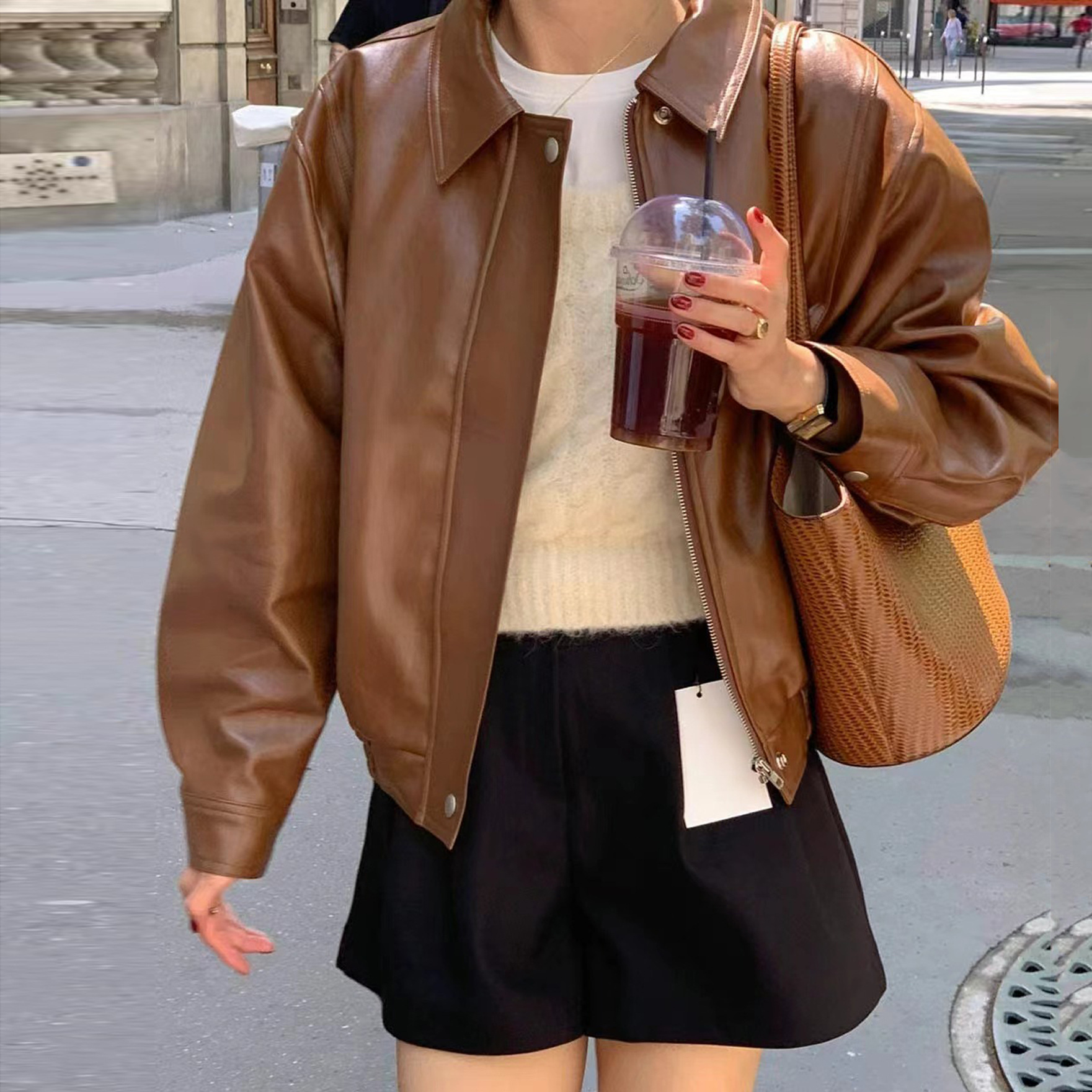 Korean New Retro Fashion Long-Sleeved PU Leather Jacket K010613