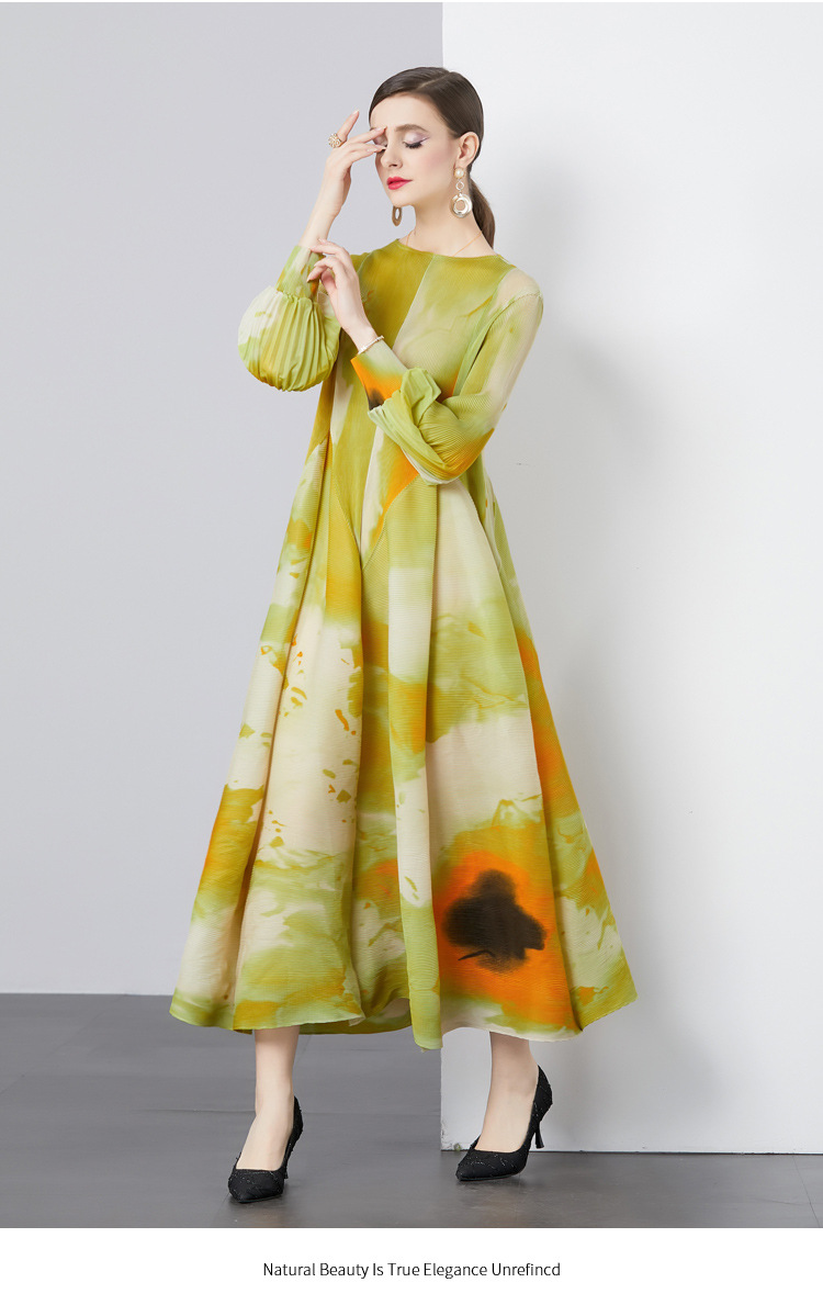 New S/S Sophisticated and stylish printed lantern sleeve loose plus size semi-high neck long dress K26011203