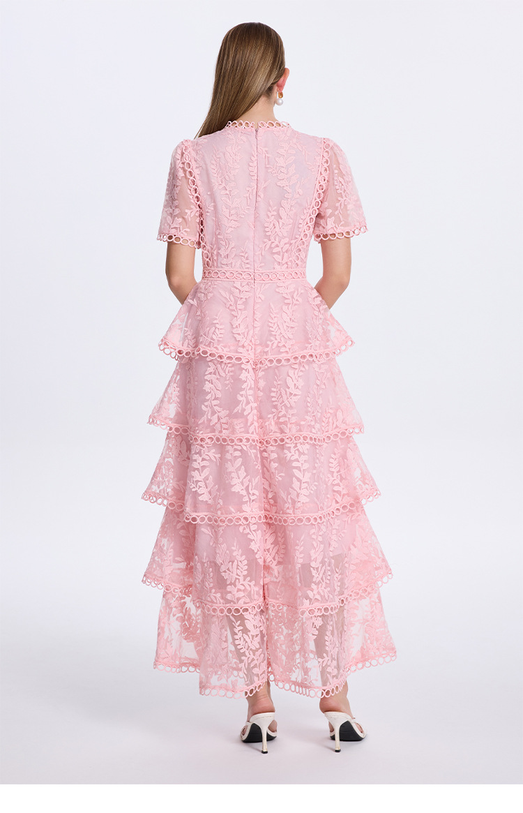 Short Sleeve Floral Lace Tiered Midi Dress Elegant Cocktail Party Dress K26032404