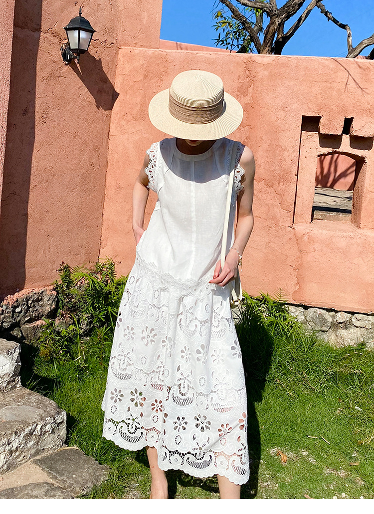 Chic Style Sleeveless Eyelet Embroidery Linen Blend Maxi Dress K26050510