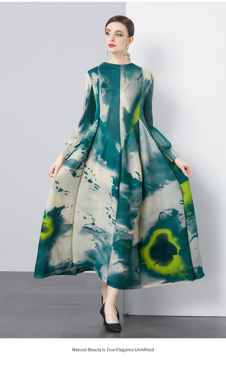 New S/S Sophisticated and stylish printed lantern sleeve loose plus size semi-high neck long dress K26011203