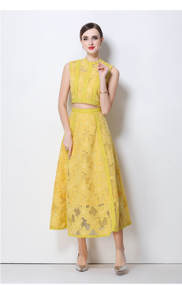 Elegant Lace Crop Top And Skirt Set Sleeveless Floral Embroidery Cocktail Dress K26032402