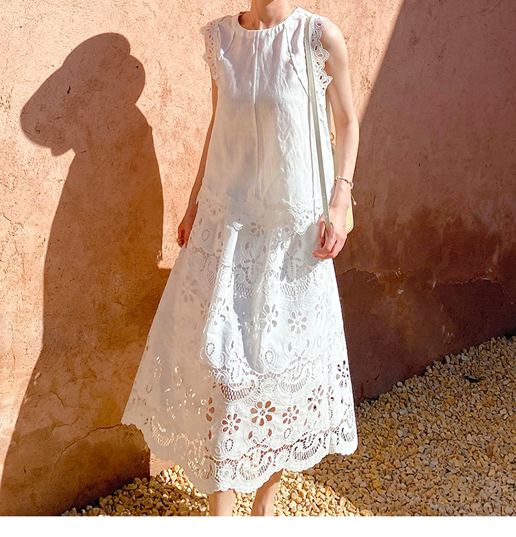 Chic Style Sleeveless Eyelet Embroidery Linen Blend Maxi Dress K26050510
