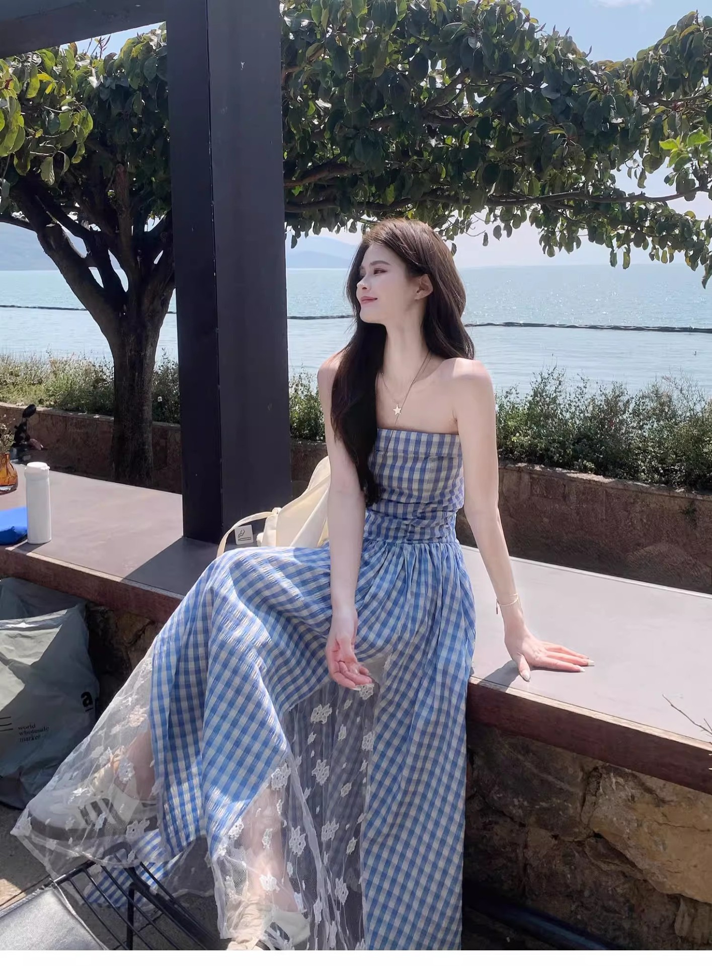 Gingham Spaghetti Strap Maxi Dress Red Plaid Boho Beach Long Dress K26033103