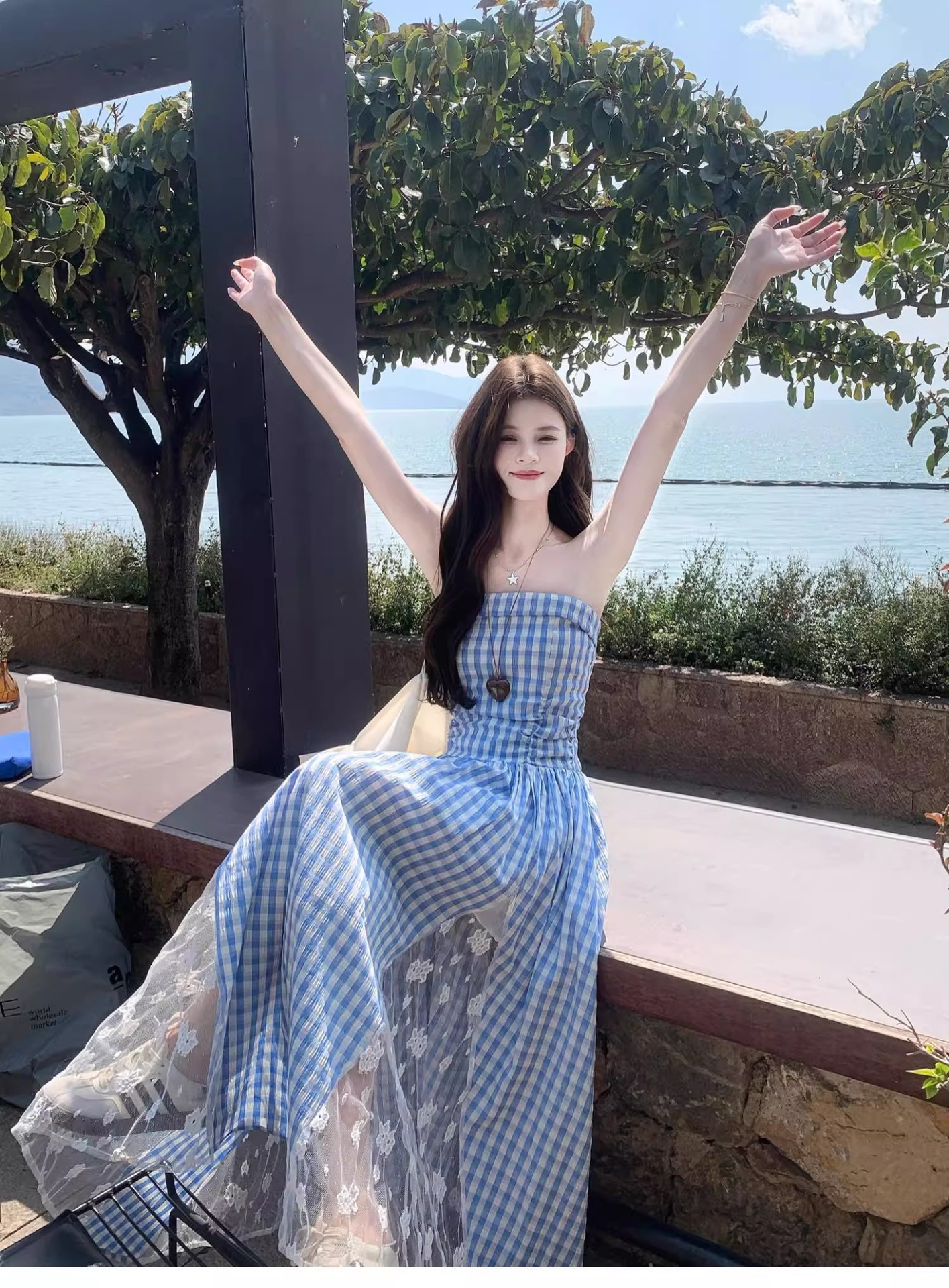 Gingham Spaghetti Strap Maxi Dress Red Plaid Boho Beach Long Dress K26033103