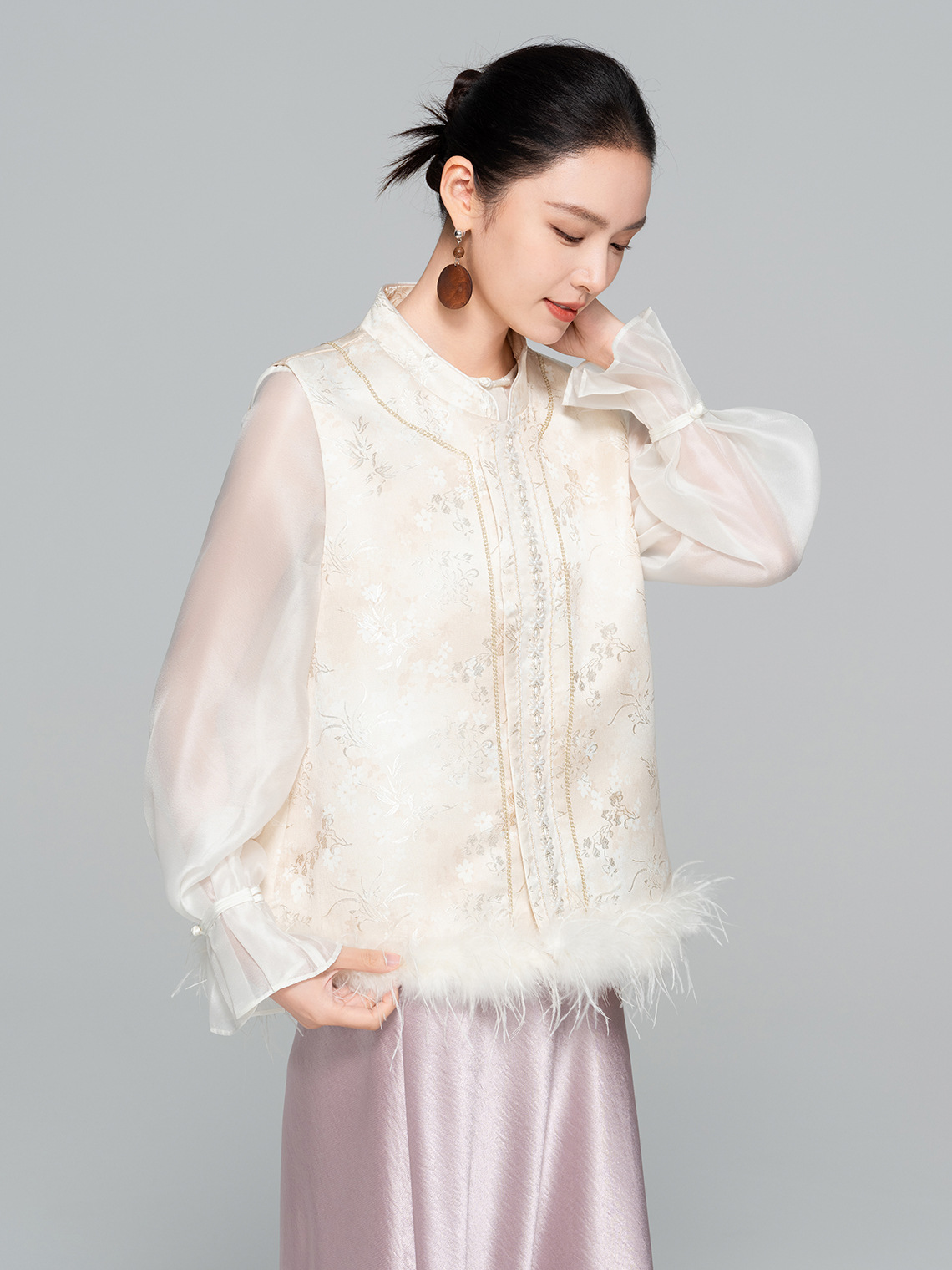 Stand Collar Jacquard Furry Vest Top CA2025121512W