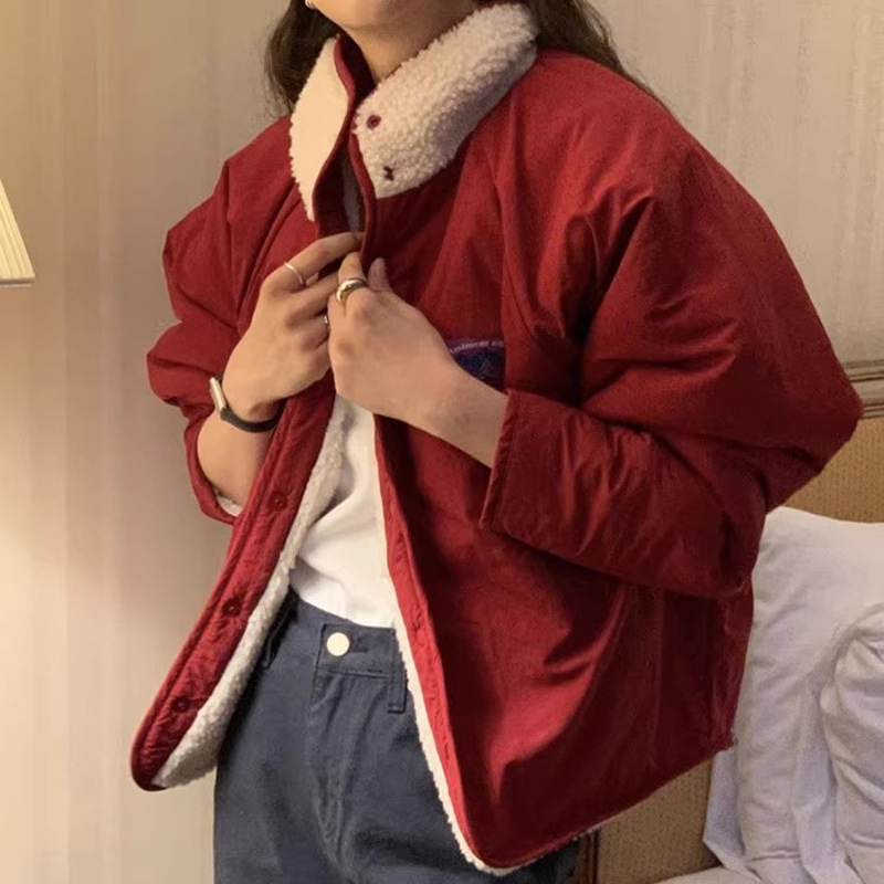 Korean style reversible color-blocked lamb cotton-padded jacket for women K010623