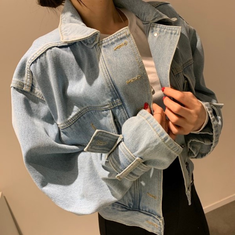 New Korean Blogger Recommended Lapel Long Sleeve Loose Fit Short Denim Jacket K010625