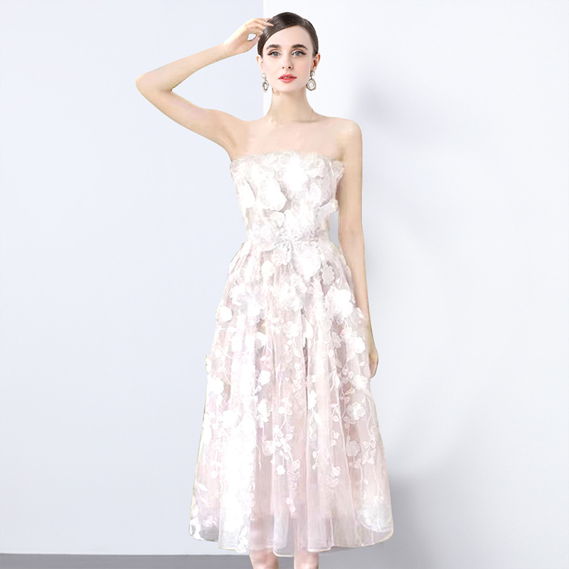 New S/S French-style floral dress embroidered strapless Party dress K26011201