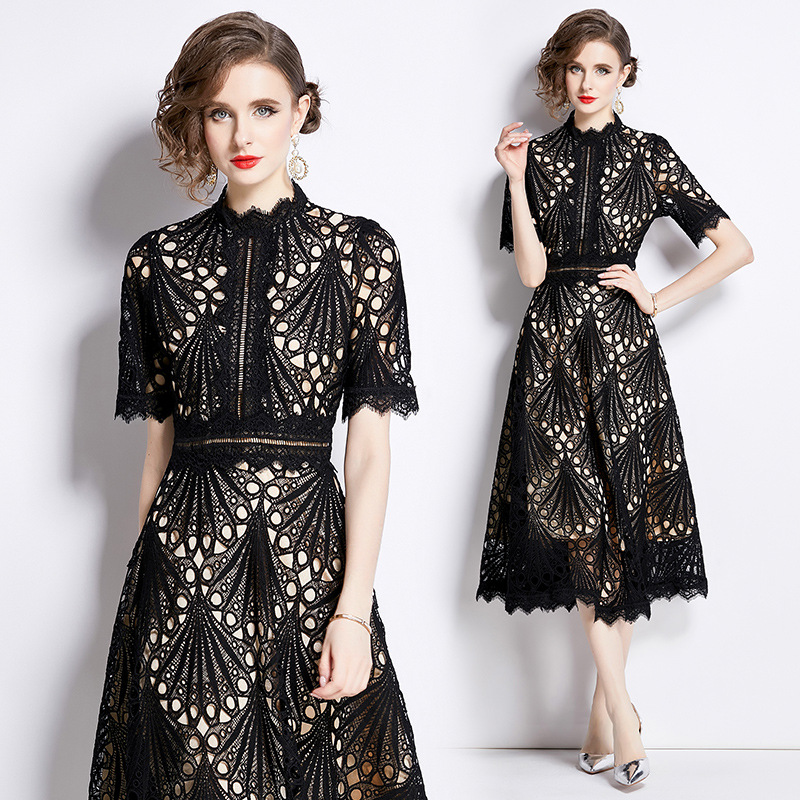 New S/S French-style lace-trimmed round neck elegant party dress K26011202
