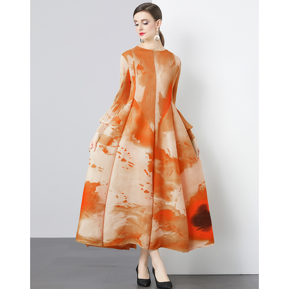 New S/S Sophisticated and stylish printed lantern sleeve loose plus size semi-high neck long dress K26011203