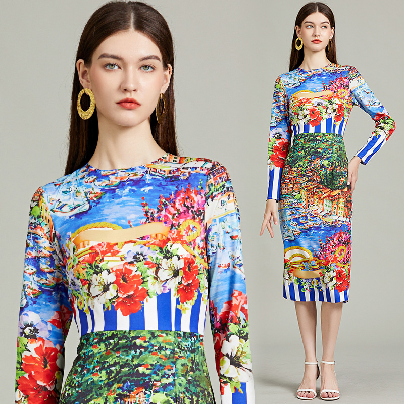 New S/S Retro style striped landscape print slim-fit bodycon dres long sleeve dress K26011204