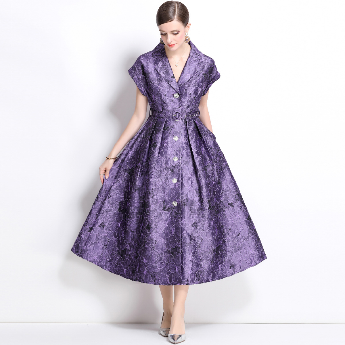 New S/S Elegant  jacquard short-sleeved lapel long dress K26011207