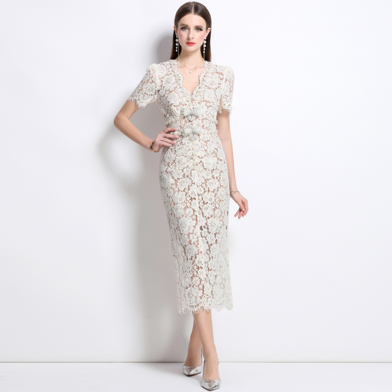 New S/S elegant butterfly rhinestone lace short-sleeved dress K26011208