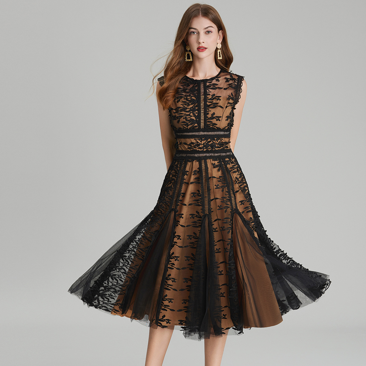 New S/S Elegant Round neck sleeveless lace embroidery summer dress K26011210