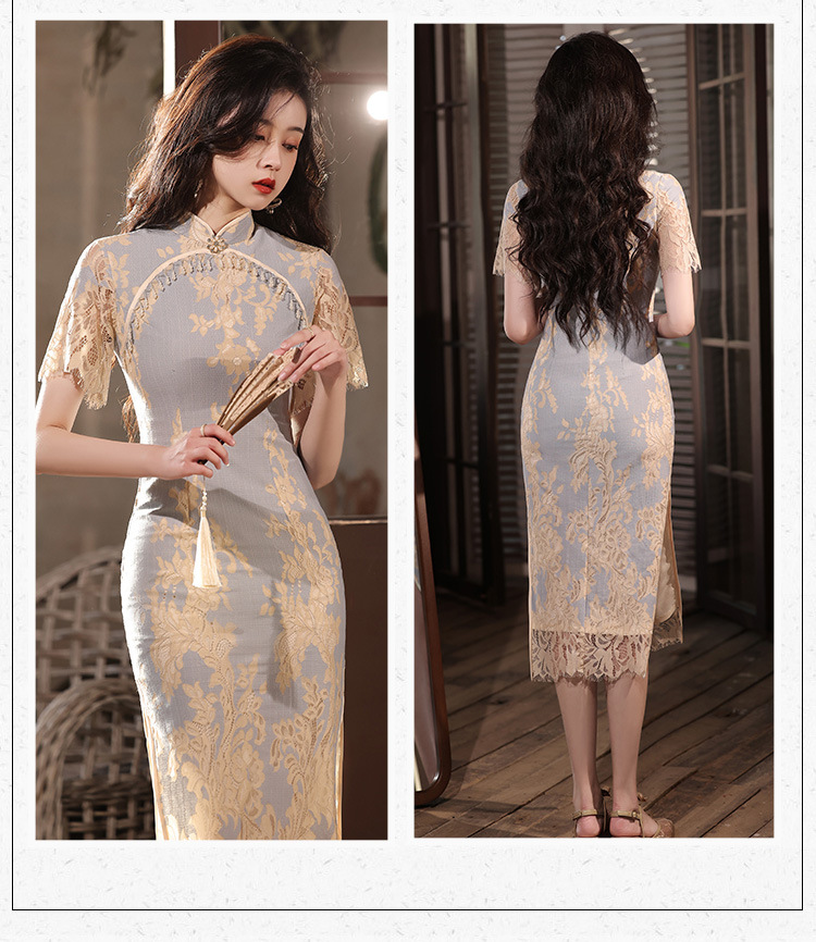 New Retro Blue lace cheongsam dress CA25121525BL