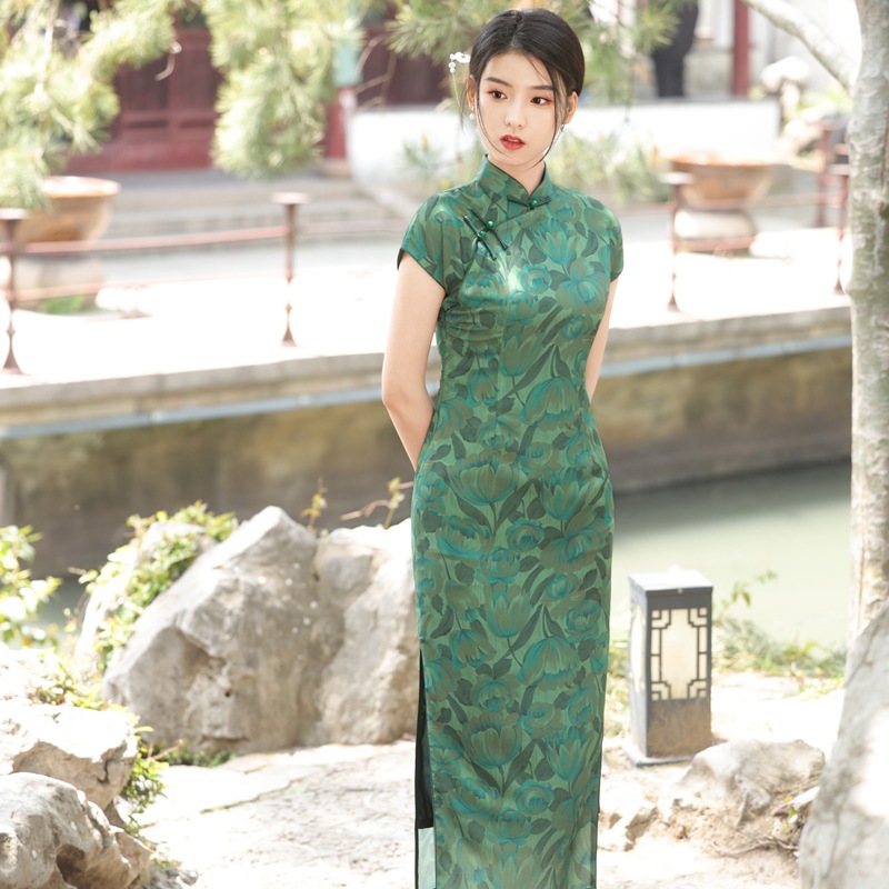 New Retro-style fitted waist long cheongsam dress CA25121530GR