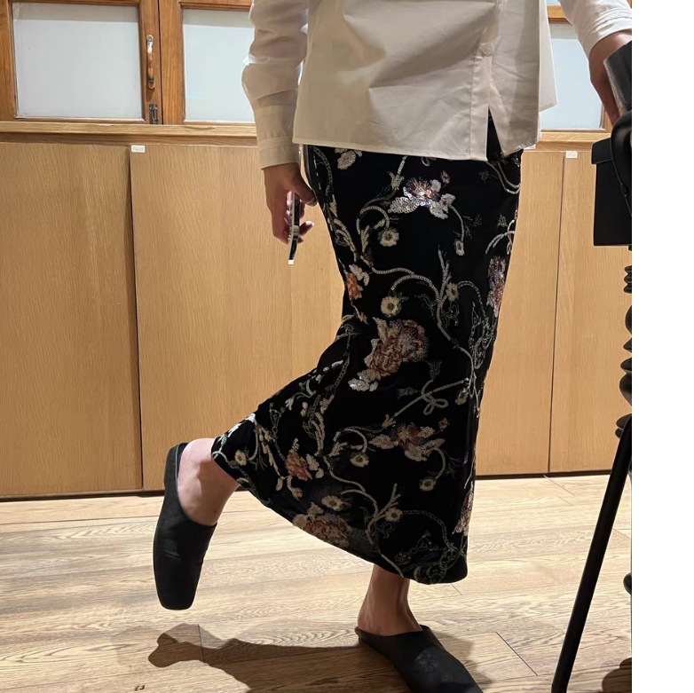 New black velvet midi skirt for women Chinese retro style Suit Set K26012001