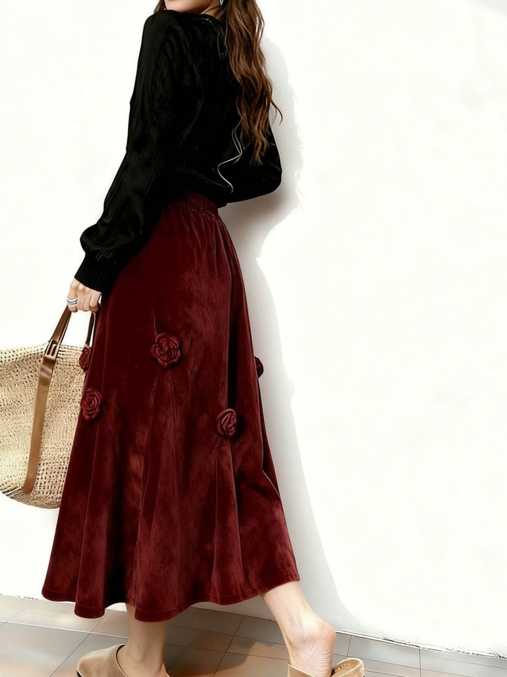 New Elegant 3D floral velvet midi A-line silhouette skirt K26012007