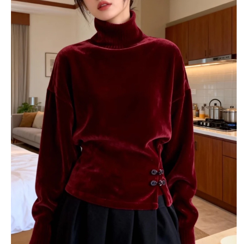 New Retr Red Fold-Neck Velvet Top with Chinese Sweater K26012009