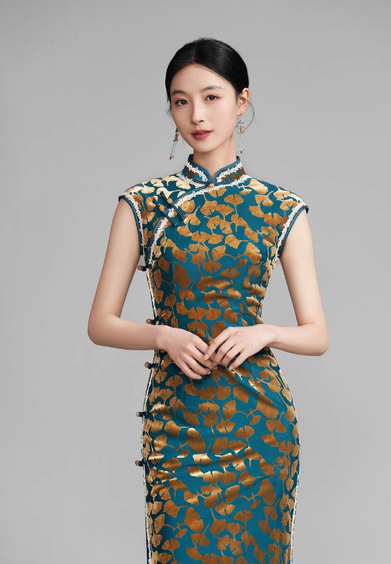 Vintage Velvet Gold Print Improved Cheongsam Elegant Slim Slit Maxi Dress K26012802