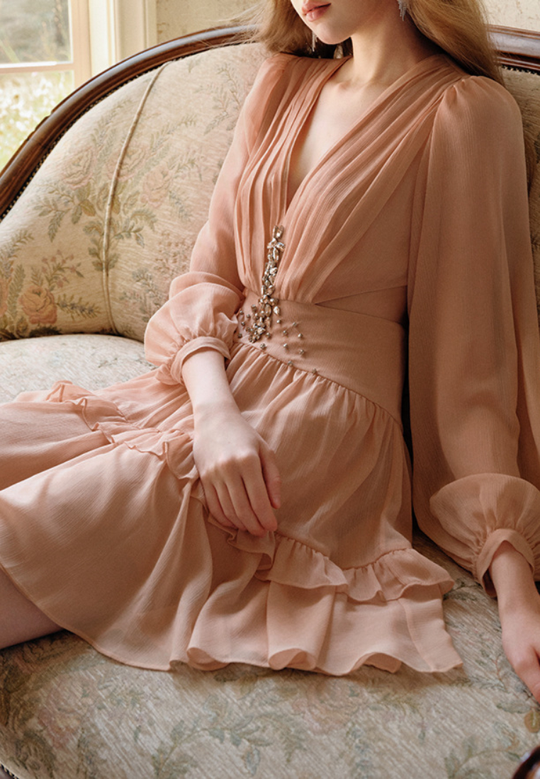 New Elegant Light Pink Chiffon One piece dress K25120302