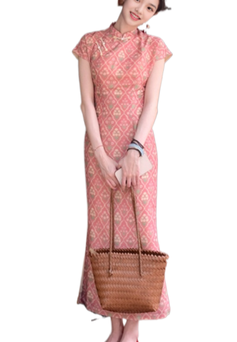 Vintage Pink Rhombus Improved Cheongsam Slim Fit Daily Dress K26012801