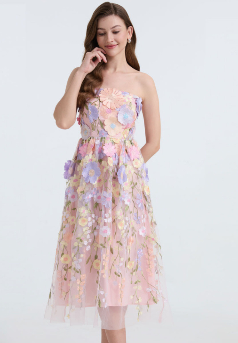 Strapless 3D Floral Tulle Midi Dress Prom Party Wedding Guest Dress K26032301