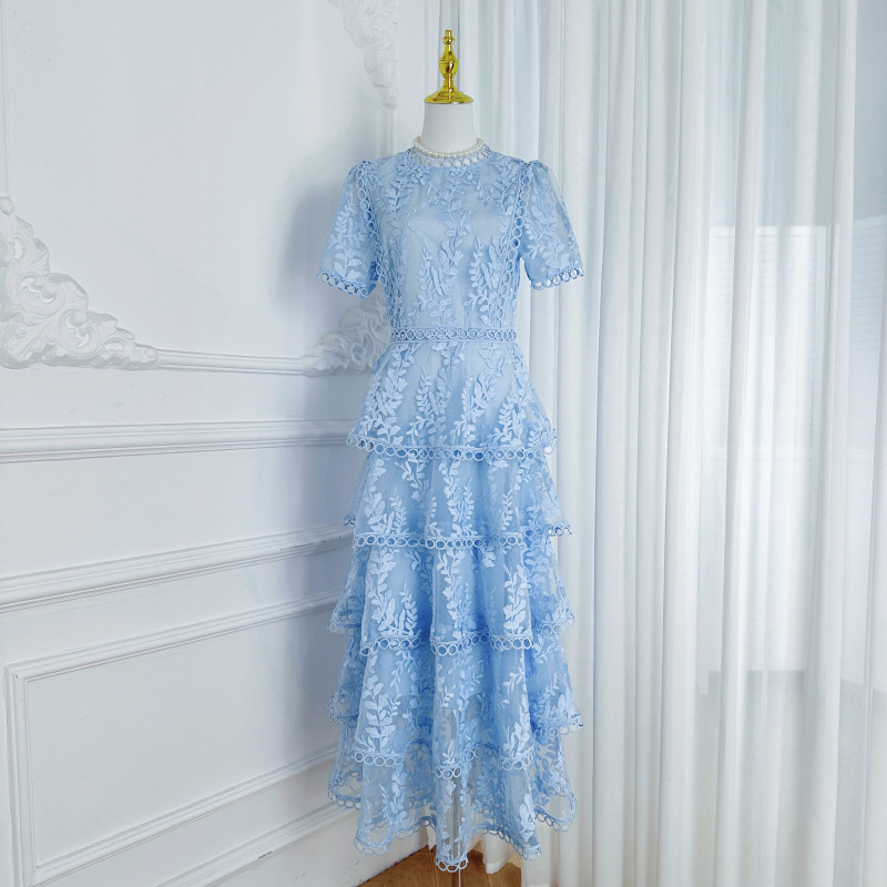 Short Sleeve Floral Lace Tiered Midi Dress Elegant Cocktail Party Dress K26032404