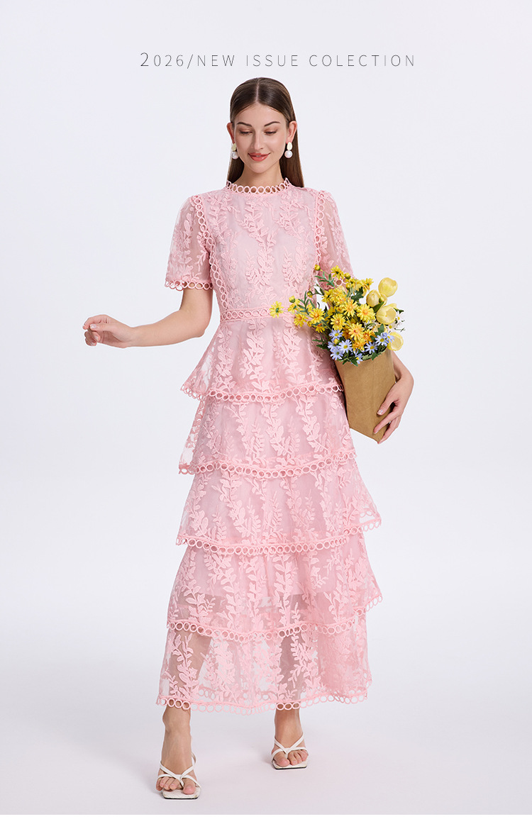 Short Sleeve Floral Lace Tiered Midi Dress Elegant Cocktail Party Dress K26032404