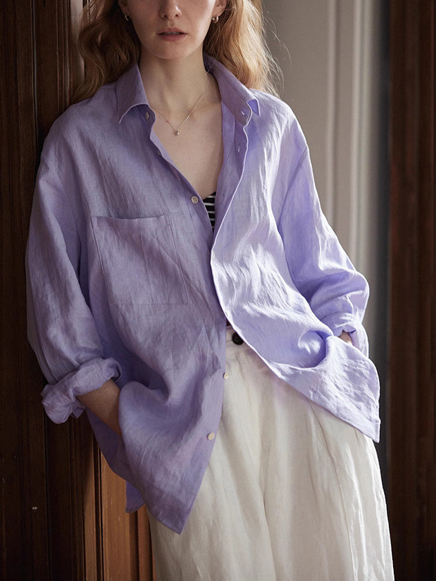 Natural Linen Long Sleeve Button Down Shirt Lavender Casual Oversized Blouse K26032405