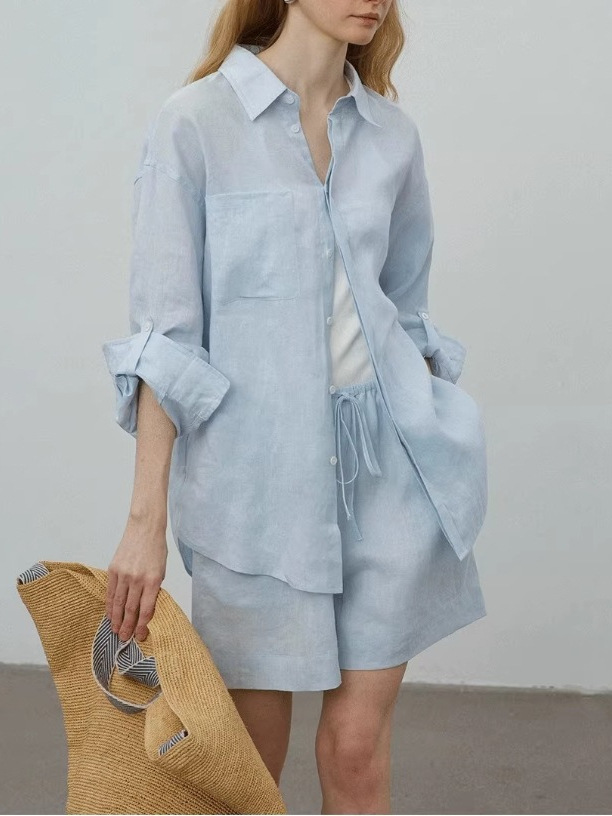 Classic Linen Long Sleeve Shirt And Shorts Set Women Casual Two Piece Outfit K26032406