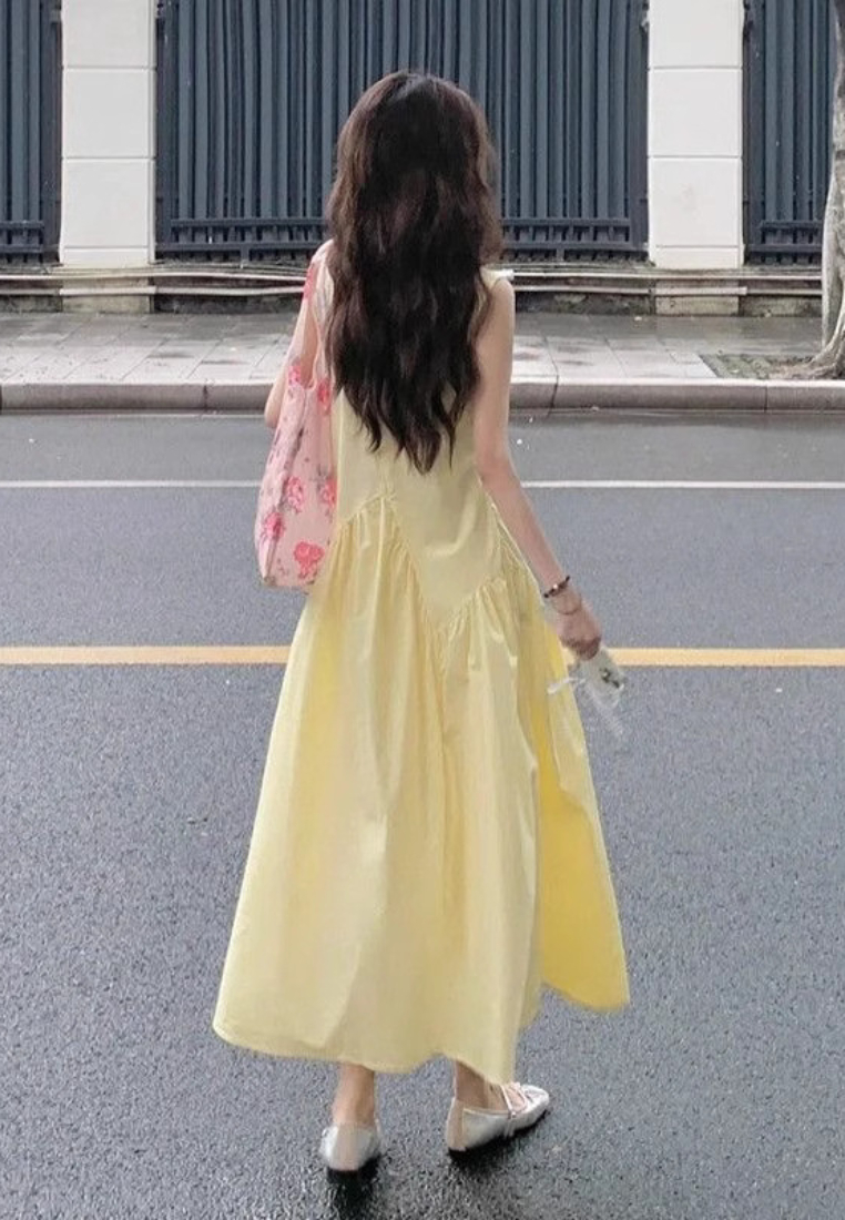Sleeveless Tank A Line Maxi Dress French Style Yellow Summer Casual Dress K26033101
