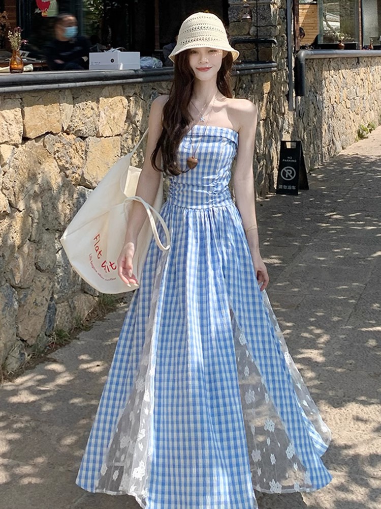 Gingham Spaghetti Strap Maxi Dress Red Plaid Boho Beach Long Dress K26033103