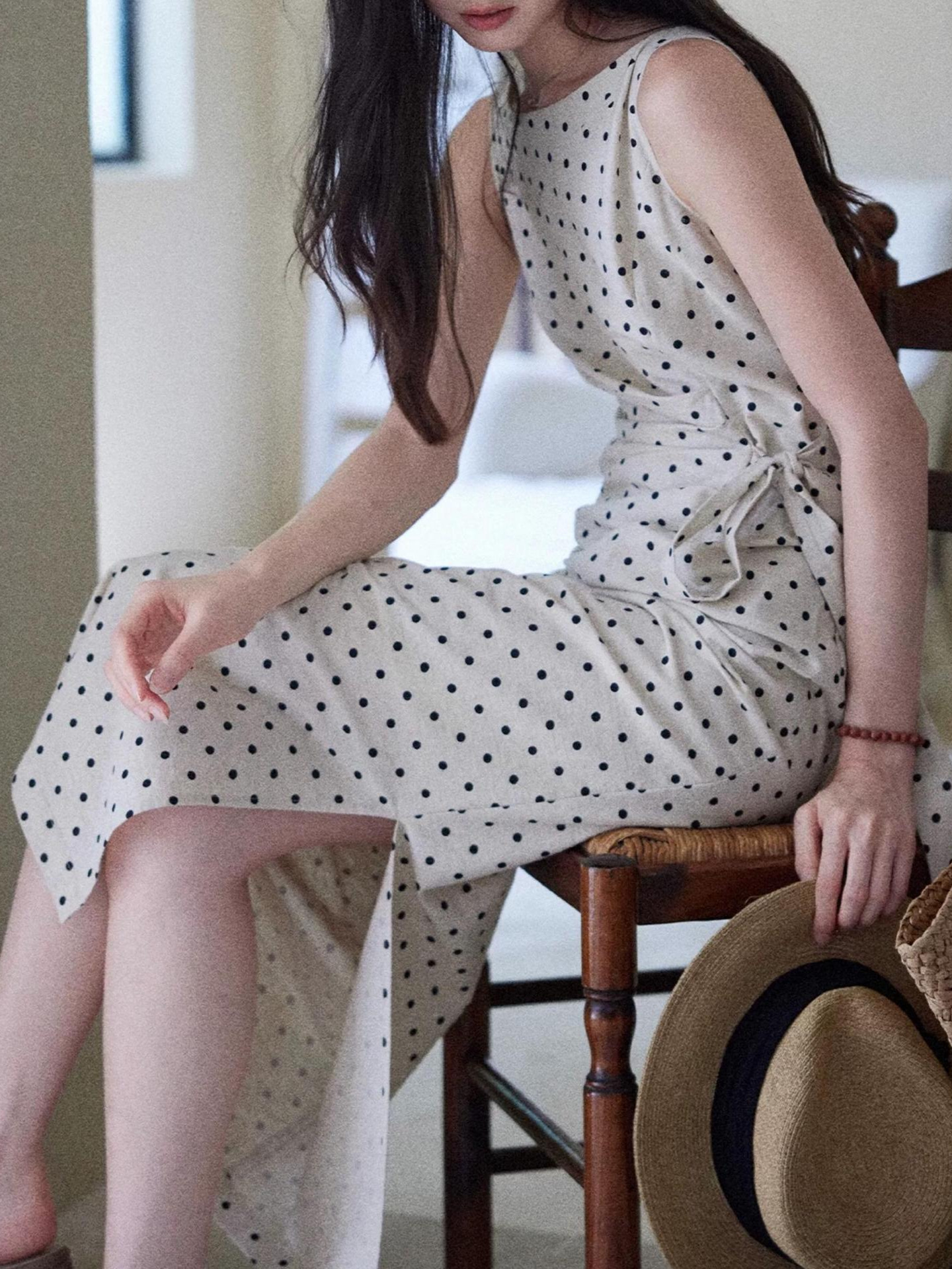 Polka Dot Linen Blend Sleeveless Maxi Dress French Style Waist Tie Wrap Dress K26033109
