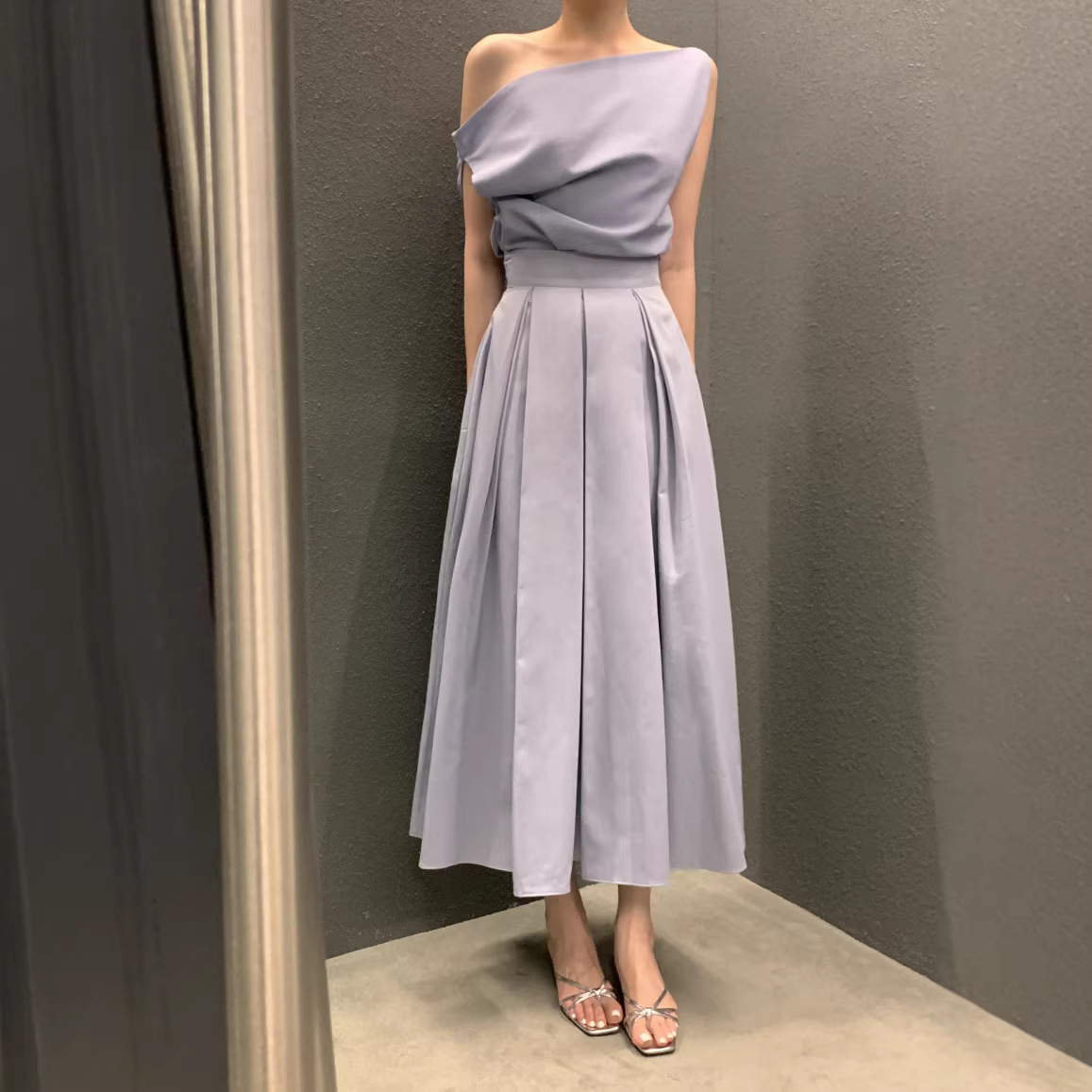 Chic Style Asymmetric Neck Top With Pleated Midi Skirt Two Piece Set K26050507