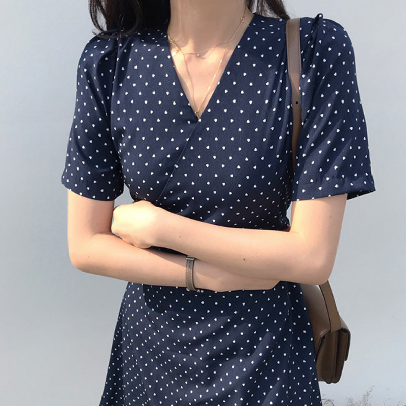 Chic Style Polka Dot V-Neck Short Sleeve Wrap Mini Dress K26051102