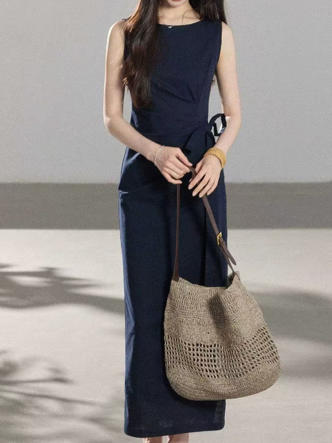 Elegant tie waist sleeveless linen maxi dress K26051205