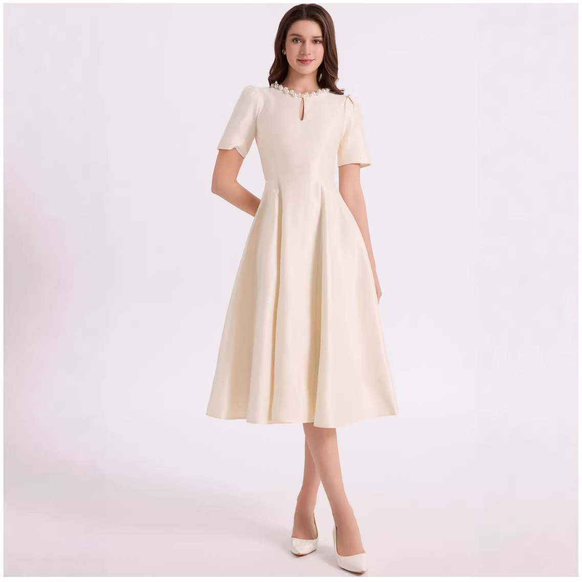 Elegant pearl neck short sleeve midi dress K26051308