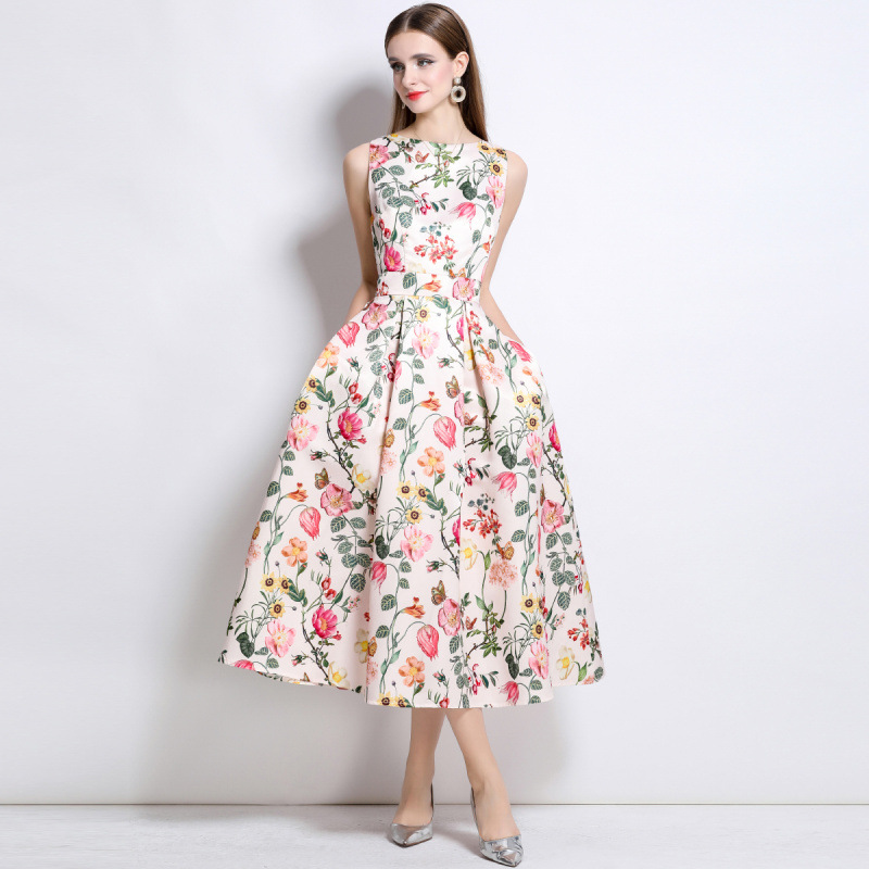 Romantic floral print sleeveless fit and flare midi dress K26051309