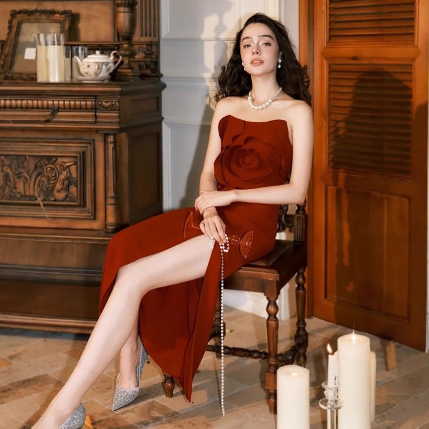 New Elegant Rose Red women Dresses Party Dress K25121001