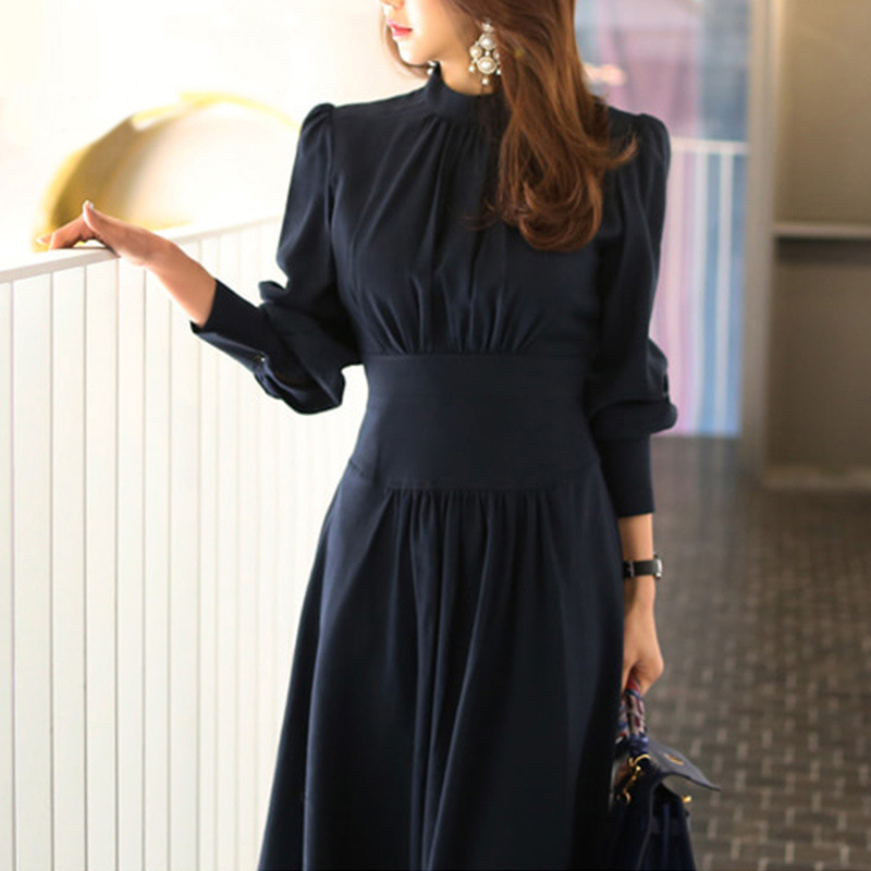 New Elegant stand-up collar lantern sleeve high-waisted slim-fit dress K25121106