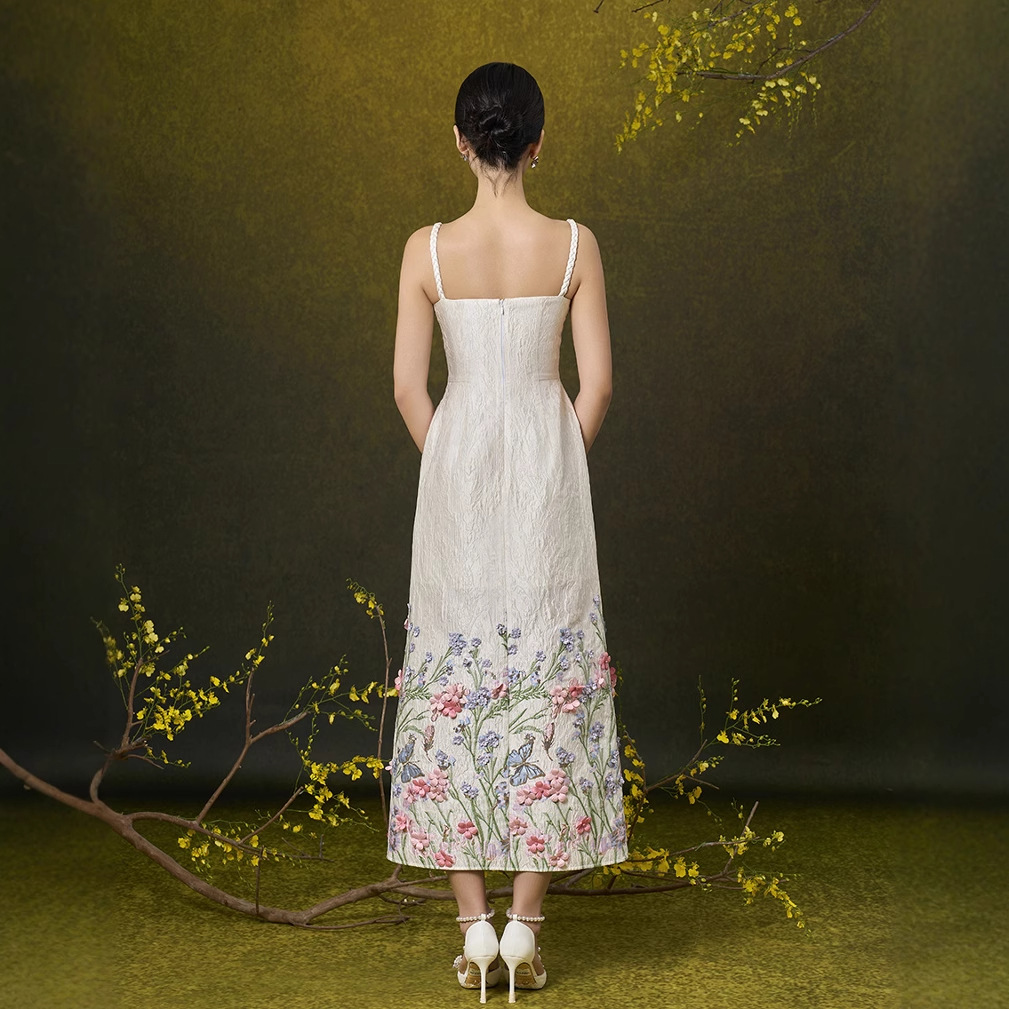 New Mori Girl Style Floral Print White Sling Dress K121708