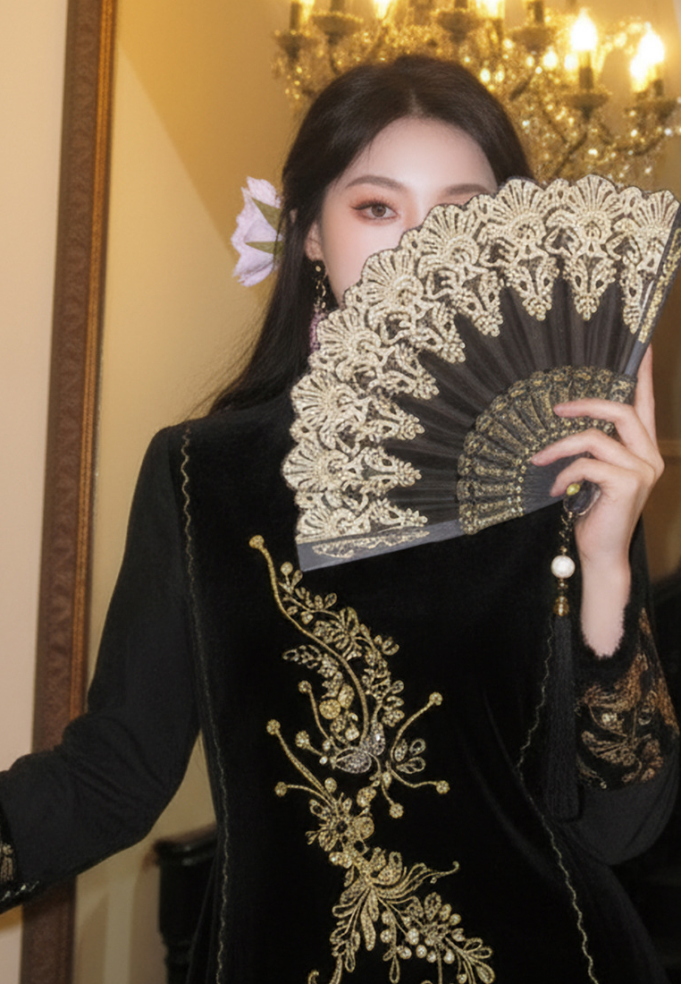 High-End Bead-Embroidered Velvet Designed Vest & Midi Skirt CA20251215BK