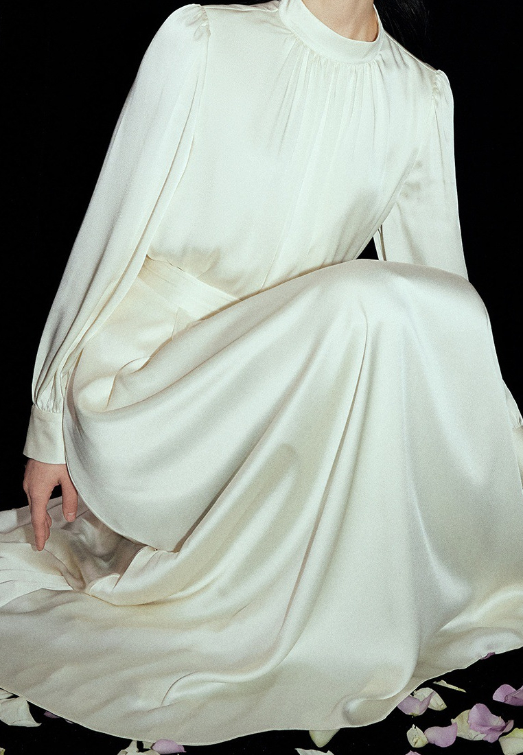 New elegant moonlight French white stand collar silky satin long sleeve shirt women's suit dress 